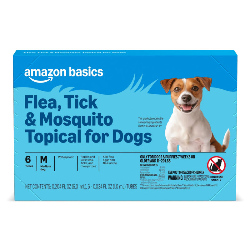 Amazon Basics Flea, Tick & Mosquito Topical Treatment & Prevention for Medium Dogs (11-20 pounds), Fast-Acting, Kills Fleas, Eggs & Larvae, 30 Day Protection, 6 Count, Packaging May Vary