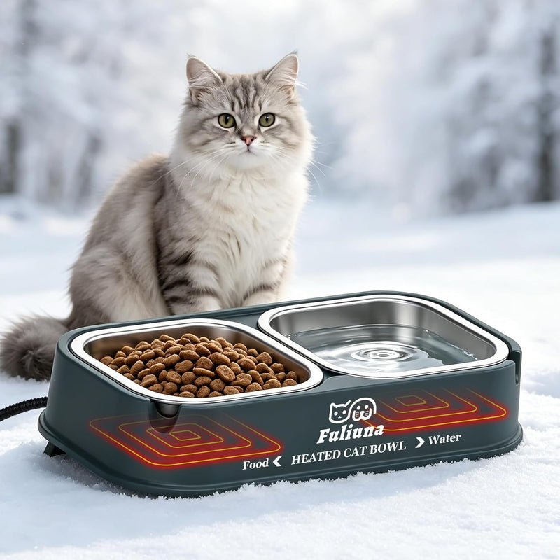 Heated Water Bowl for Cats in Winter, 56 OZ Outdoor Heated Cat Bowl with Raised Brackets to Protect Pet's Neck, Heated D