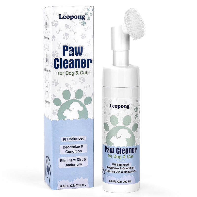 Leopong Dog Paw Cleaner & Cat Foot Wash - Gentle No-Rinse Foaming Mousse - PH Balanced Deodorizing Cleanser with Integrated Silicone Brush, 8.8 oz