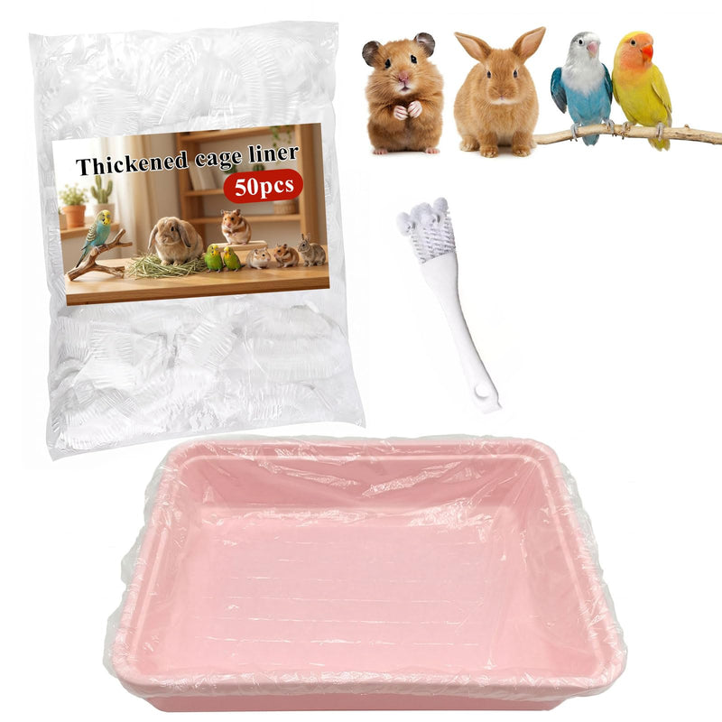 MUCOHO 50 Pcs Disposable Small Animal Cage Liners - Clear Plastic Rabbit & Bird Cage Liners, Leakproof Guinea Pig Pet Tray Film with Hangable Cleaning Brush (23''-50P)