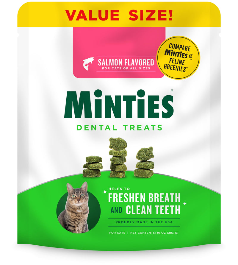 Minties Dental Treats for Cats, Salmon Flavored Cat Dental Treats, Freshens Breath and Controls Tartar, 10oz