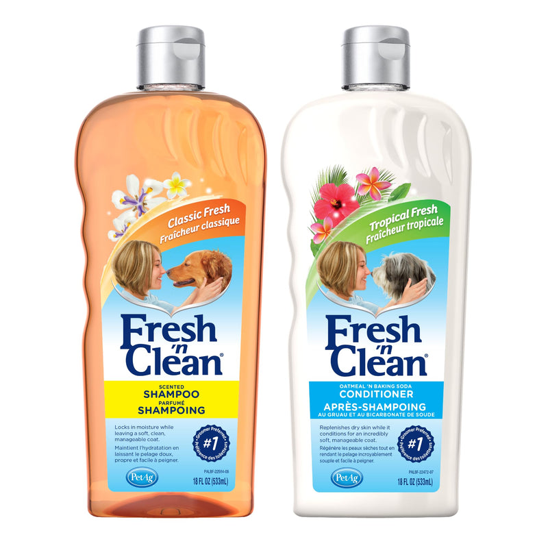 PetAg Fresh ’n Clean Scented Shampoo, Classic Fresh Scent (18 oz) + Oatmeal ’n Baking Soda Conditioner, Tropical Breeze Scent (18 oz)