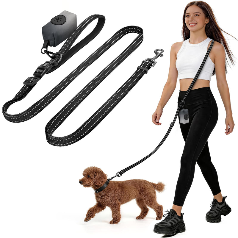 Kazazoo Hands-Free Dog Leash with Poop Bag Holder, Adjustable 4-7 Ft Waist for Dog Walking, Running for Small & Medium Dogs with Reflective Strips, Nylon Waist Belt, Black