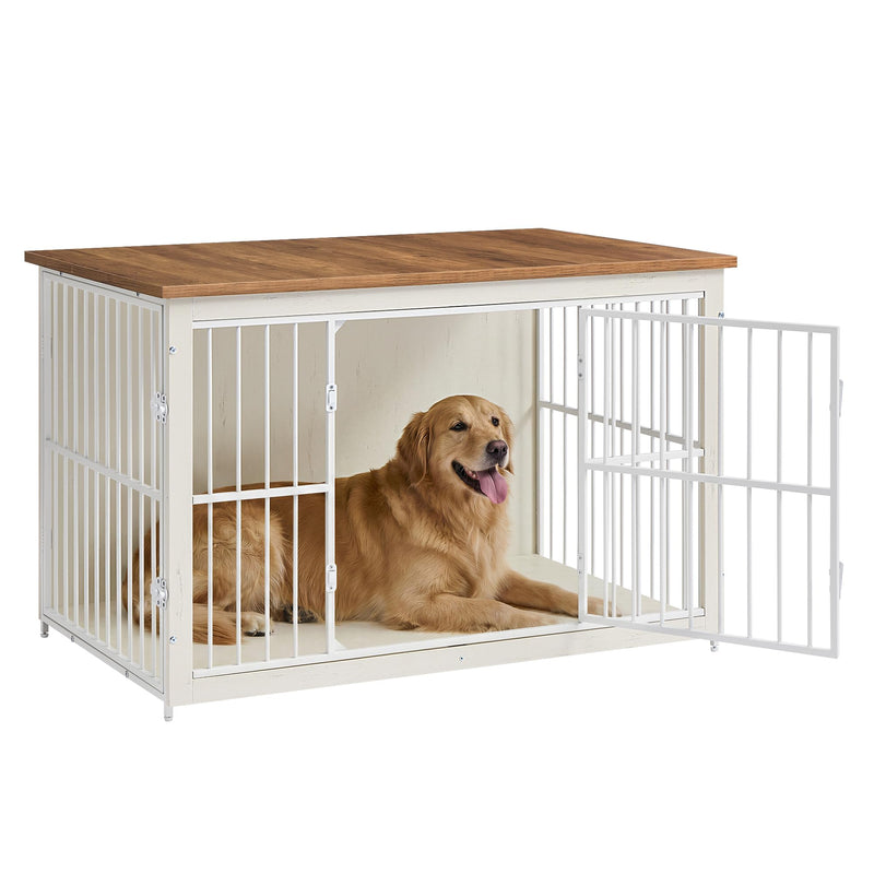 Feandrea Wooden Dog Crate Furniture, 48 Inches Heavy-Duty Kennel for Dogs up to 110 lb, with Double Doors and Enclosed Wood Base, Modern Pet Cage End Table Indoor, Rustic White and Honey Brown