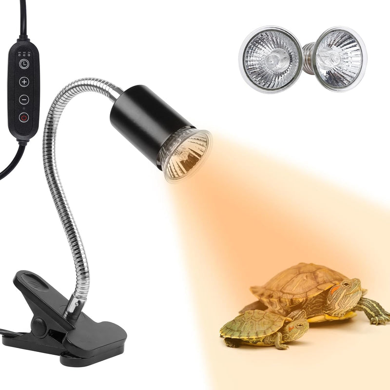 LUCKY HERP Reptile Heat Lamp with Clamp, Aquarium Turtle Tank Basking Light with 360° Rotatable Timing & Dimming and 2 P