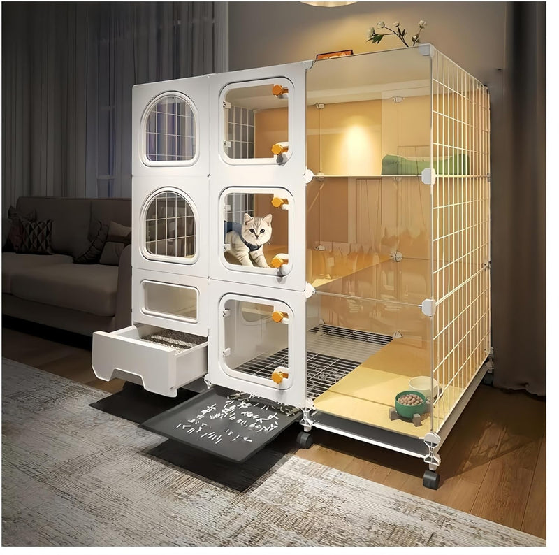 Indoor Cat Cage with Litter Box, Complimentary Cat Bed, Bow, Cat House with Wheels, Large Cat Villa Playpen, Small Animal Dog Kennel Cat Enclosures 42