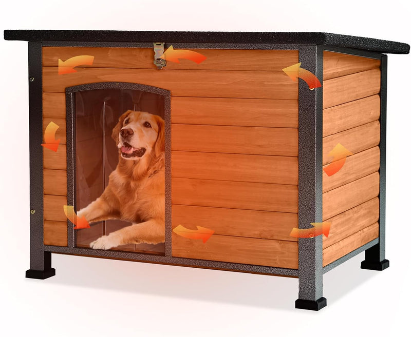 GUTINNEEN Large Outdoor Insulated Dog House Weatherproof Dog Kennel Indestructible Dog Shelter with Chew-Proof Full Meta
