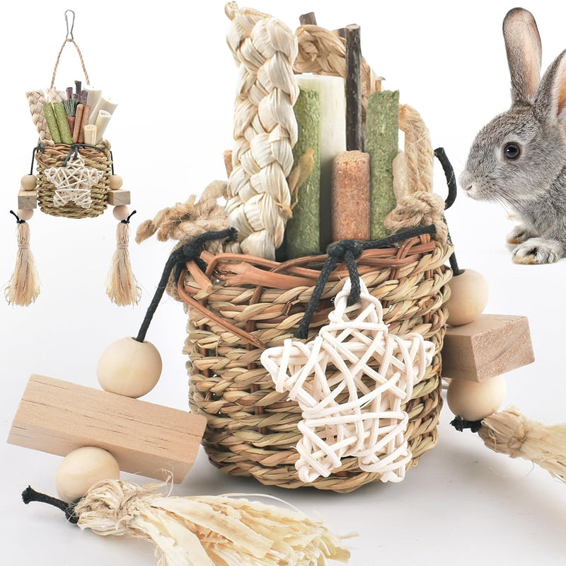 Bissap Bunny Chew Toys, Natural Seagrass Hanging Basket Chews Water Plant Woven Chinchillas Chewing Treats for Rabbits G