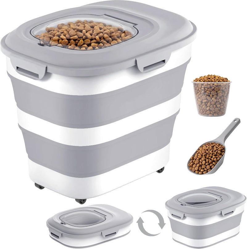 NURYO 28 Lbs Dog Food Storage Container with Wheels, Collapsible Pet Food Storage Container with Clear Window, Measuring Cup & Scoop, BPA Free Cat Food Container for Rice, Flour, Grain, Bird Seed