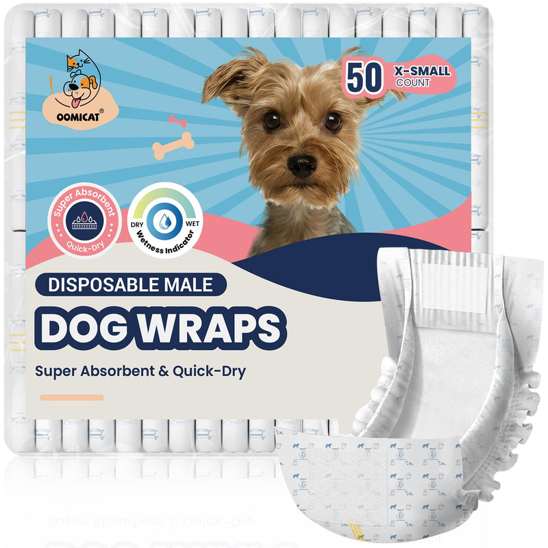 OOMICAT Dog Diapers Male, X-Small 50 Ct, Super Absorbent Male Dog Wraps with Wetness Indicator, Soft Pearl Weave Non-Woven Fabric, Breathable Belly Bands for Male Dogs, Fit for Chihuahua, Yorkshire