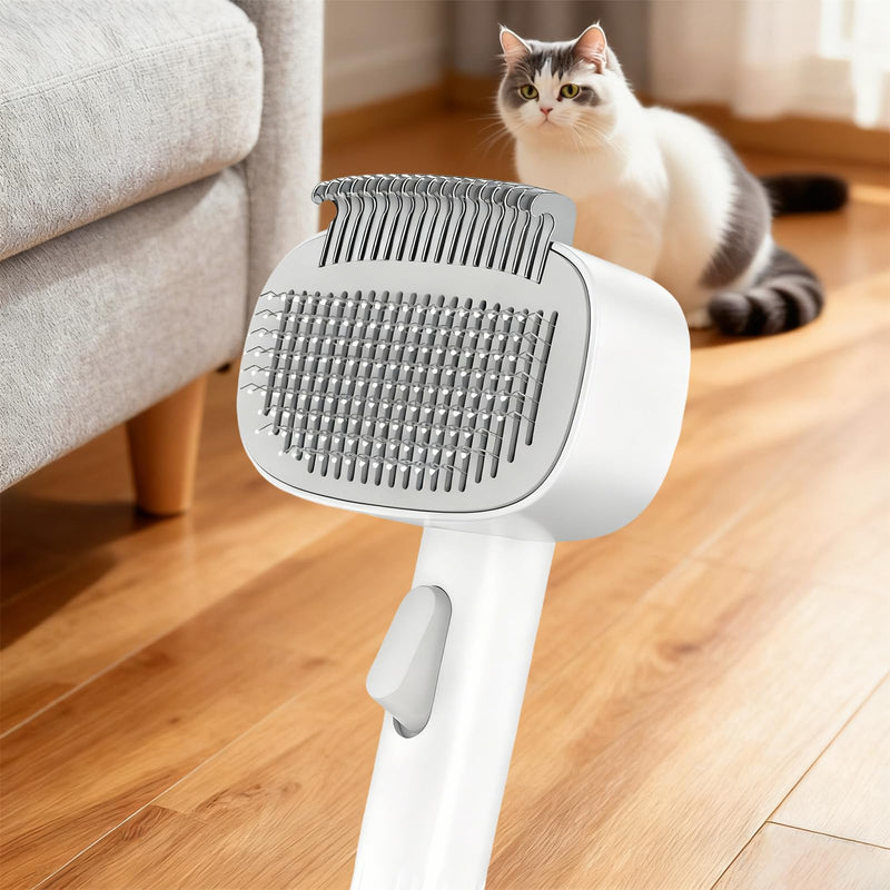 Cat Brush for Shedding, Adjustable Deshedding Comb & One-Touch Clean | Skin-Safe Rake for Mats, Tangles, Shedding | Long/Short Hair Pets, White