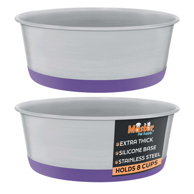 Master Pet Supply Stainless Steel Dog Bowls Set of 2 with Extra Thick Silicone Base - 8 Cup (64 oz) Plum Crazy, Non-Slip, Dishwasher Safe Metal Bowls, Pet Dog Food Bowl for Dogs, Cats, Anti Rust