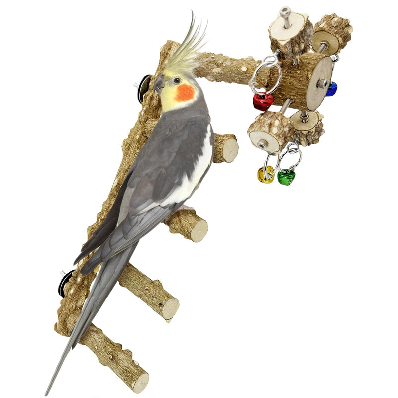 BNOSDM Natural Wood Bird Ladder Perch with Rotating Bell Toys-Exercise Stands for Parrot Climbing Chewing Parakeet Bridge Cage Accessories for Cockatiel, Conures, Lovebirds, Budgie