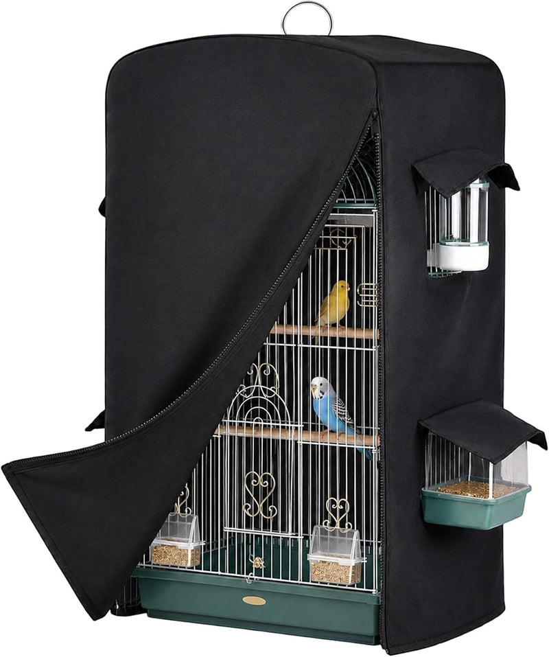 Klmnop Bird Cage Cover for Night, Black Waterproof Birdcage Cover with 4 Windows for Parakeet Cockatiel Conure (17.7x13.