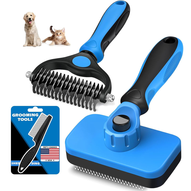 Professional 3PCS Self Cleaning Slicker Brush & Pet Grooming Rake & Flea Comb for Dogs,Cats and Horses | Double-Sided De