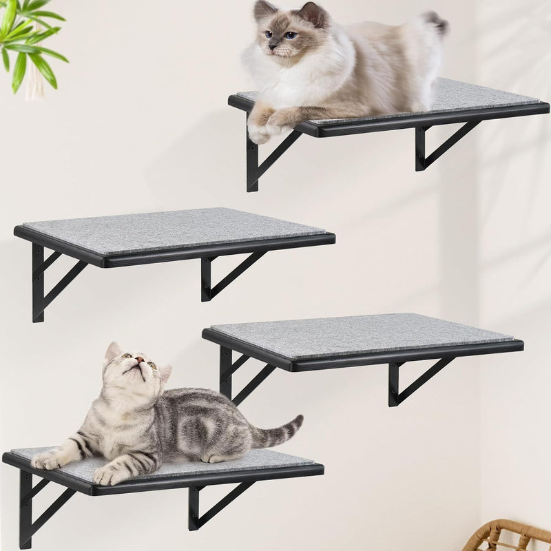 Cat Wall Shelves Set of 4, Purrfect Cat Furniture Set - 4 Piece Wooden Wall Shelves with Scratching Pad, Sleeping & Play