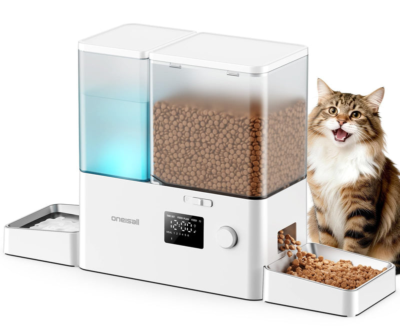 oneisall Automatic Cat Feeder and Water Dispenser, Cat Food Dispenser 36Cups/8.5L, 2-in-1 Large Capacity 5L Cat Feeder and 3.5L Gravity Water Dispenser for Pets, Timed Cat Feeder for Dry Food