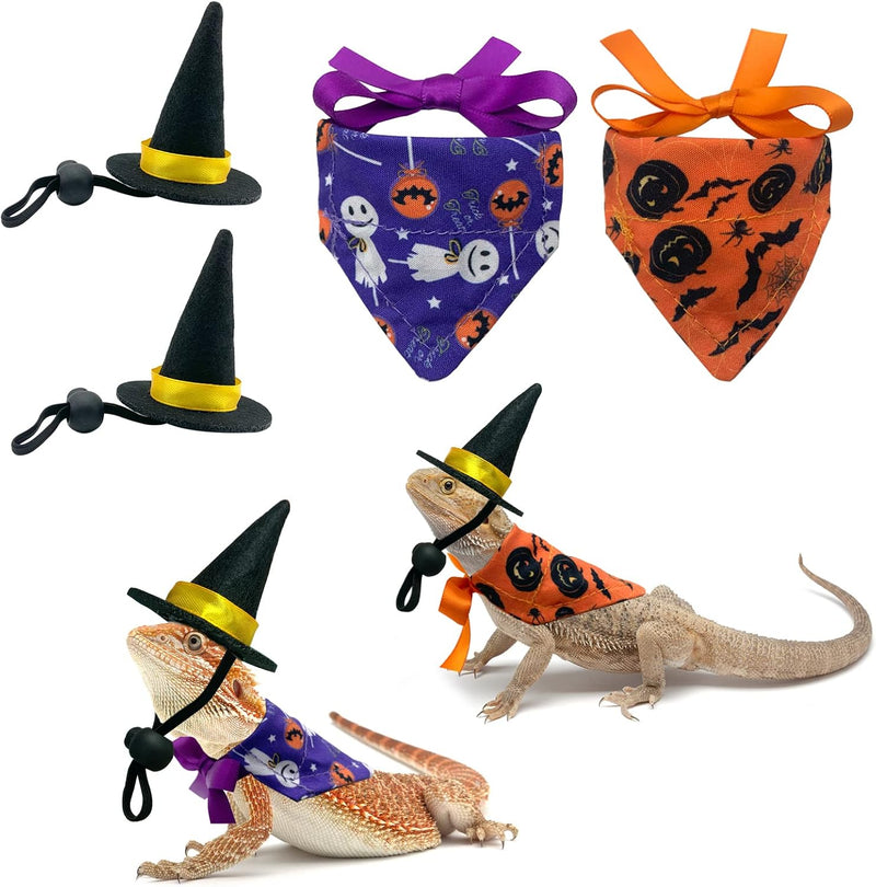 4Pcs Halloween Bearded Dragon Witch Costume Set with Bearded Dragon Witch Hats, Bandanas, Wizard Hat, Pumpkin Candy Patt
