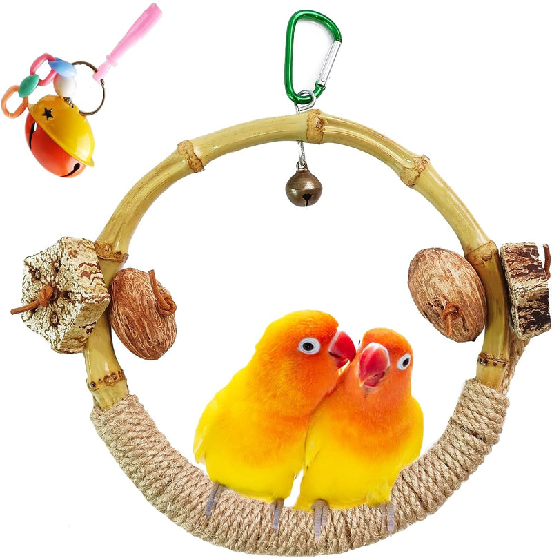 Circle Bird Swing with Bell,Bamboo Parakeet Rope Perches for Cage Ring Bird Swings Chewings Nuts Toys for Parrots Cockat