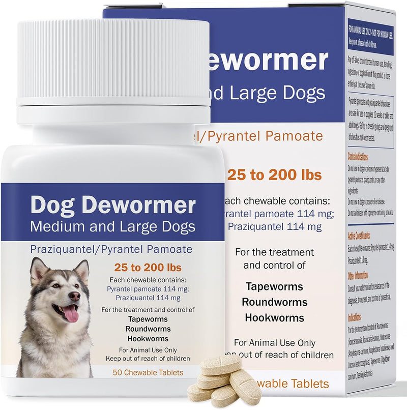 Dog Dewormer - Pyrantel Pamoate & Praziquantel Tablets for Tapeworms, Roundworms & Hookworms, 50 Tablets