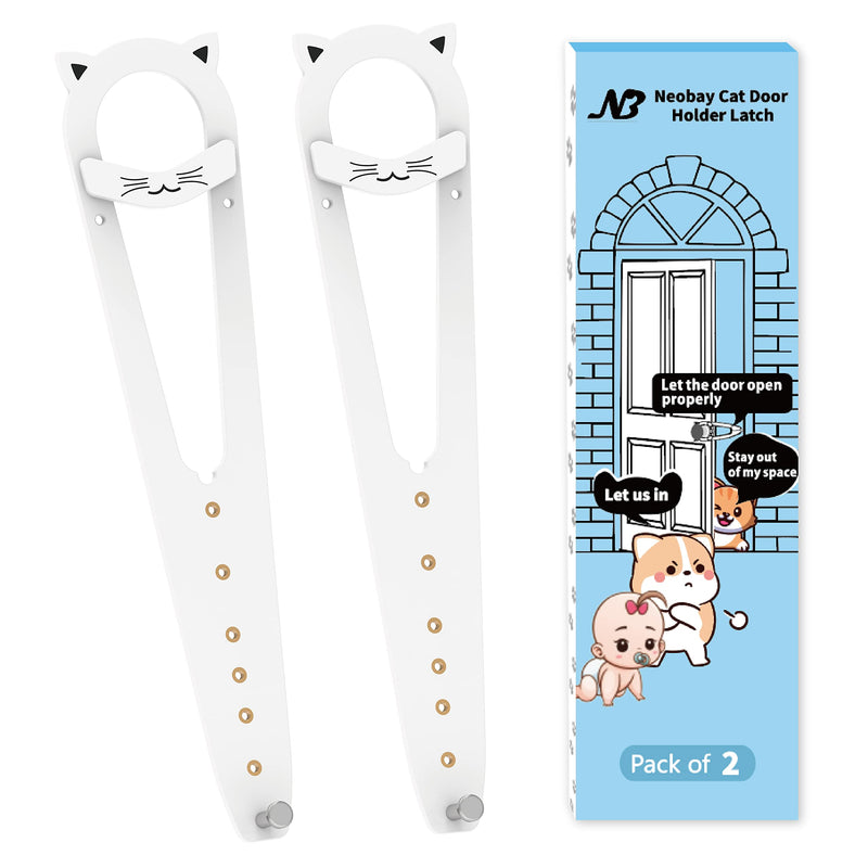 Neobay Cat Door Latch with Stabilizer, 7 Sizes Adjustable Cat Door Holder Latch, Keeps Dog Out of Litter Box, No-Drill & Portable for Interior Doors, White, 2 Packs
