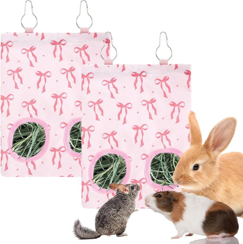 JarThenaAMCS 2Pcs Rabbit Hay Feeder Bag with 2 Holes Pink Bow Guinea Pig Hanging Hay Feeding Bag Storage Dispenser for C