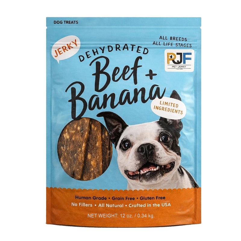 Pet Jerky Factory Premium Beef and Banana 12 oz. Dog Jerky Treats | 100% Human Grade | High Protein | Grain Free | Limited Ingredients | No Filler | No BHA-BHT | Soft-Tender