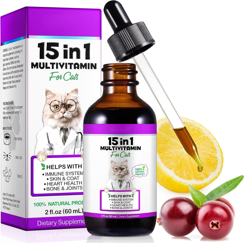 Cat Multivitamin, 15 in 1 Cat Multivitamin Liquid Drops, Cats Vitamins and Supplements with Glucosamine and Probiotics, Bones, Joint, Skin & Coat, Bladder, Immune System Support, 60ML