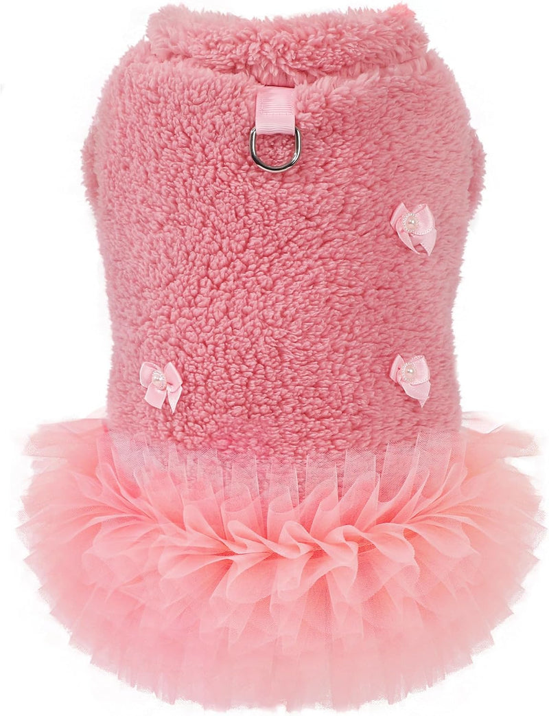Cute Dog Sweater Dress Thick Fleece Puppy Sweater for Small Dogs, Fluffy Dog Dresses with Harness Sweet Bowknot Design