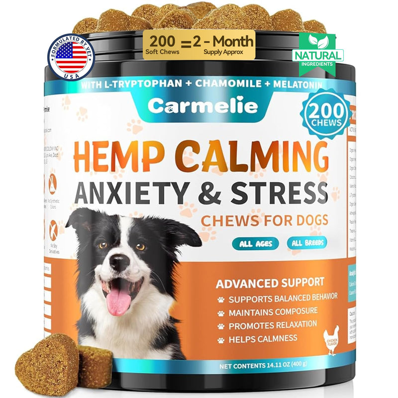 Carmelie Hemp Calming Chew for Dog - 200 Chews Dog Calming Treats -Dogs Anxiety & Stress Relief Valerian Root Chamomile Melatonin for Separation, Barking, Stress & Slee- Chicken Flavor