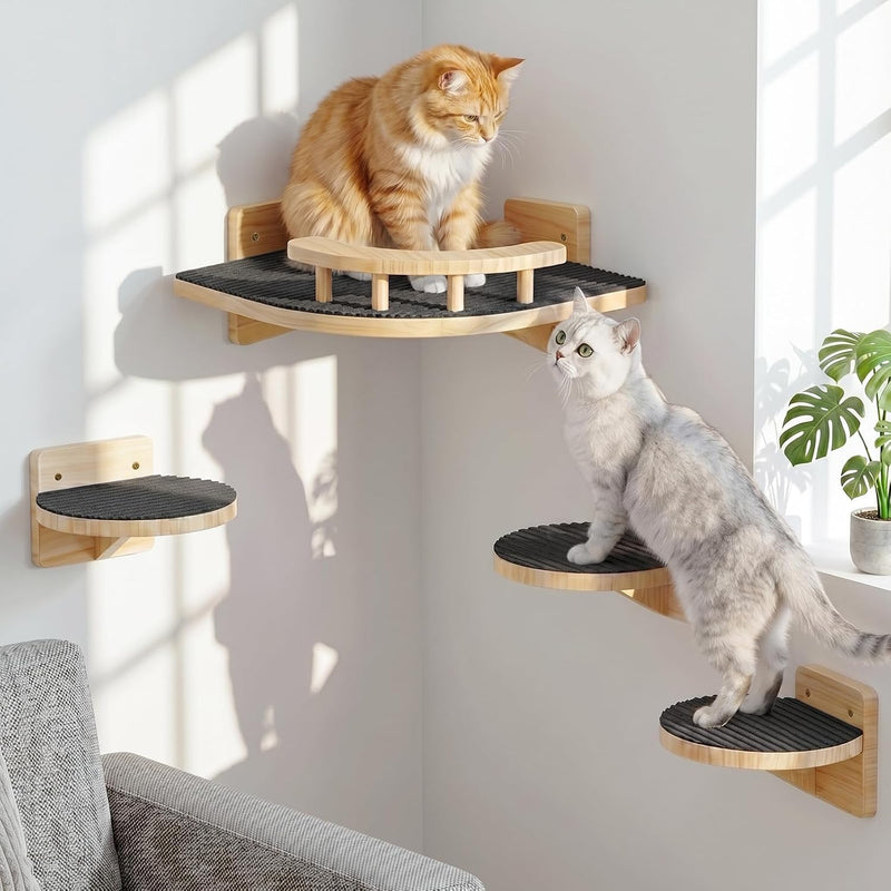 Cat Wall Shelves with 3 Steps, Wooden Cat Wall Furniture up to 15lbs, Floating Stairs for Small/Medium Cats, Kitty Wide Climber Shelf with Cozy Perch for Indoor