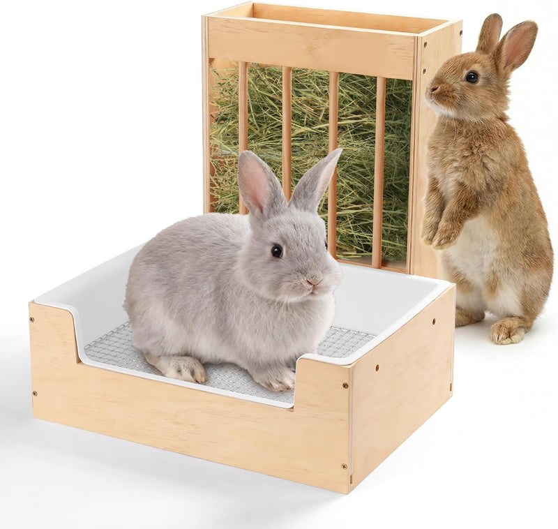 Extra-Large 2-in-1 Rabbit Litter Box & Hay Feeder Set, Wood, Mess Proof, for Guinea Pigs, Chinchillas, Hamsters, and Rab