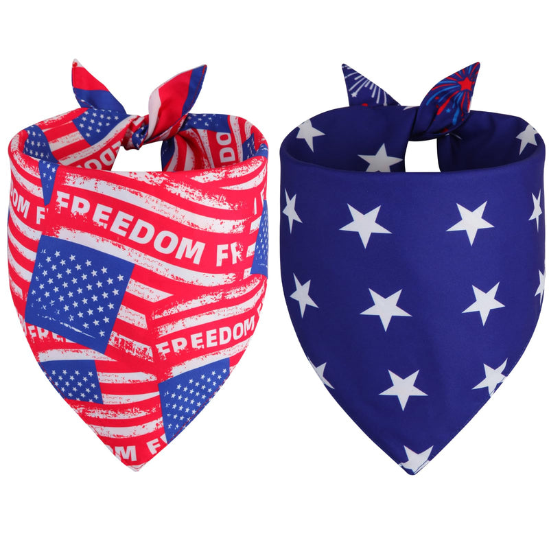 QUQULE 4th of July Dog Bandanas XLarge 2PCS, 4 Pattern American Flag Patriotic Scarf for Boy and Girl, Durable Triangle Reversible USA Bibs for Puppy Pet