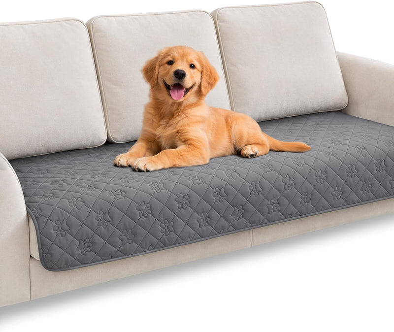 PAWFINITY Waterproof Couch Cover for Dogs, Pee Proof Pet Blanket, Paw Print Quilted, Pet Hair Resistant, Scratch-Resistant, Washable Furniture Protector for 2-3 Seat Sofa and Bed, 30x70 Inch, Grey