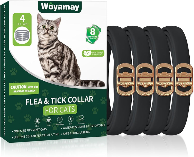 Woyamay 4 Pack Flea Collar for Cats, Cat Flea and Tick Treatment, 32-Month Flea and Tick Prevention for Cats, Waterproof Cat Flea Collar, Adjustable Cat Flea and Tick Collar for Cats Kittens, Black