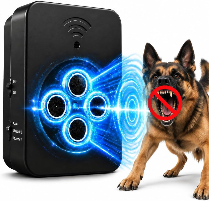 Dog Bark Deterrent Device, 4-Emitter No-Shock Dog Trainer with Automatic Detection, 3 Modes, 50 FT Remote Control, 10–30