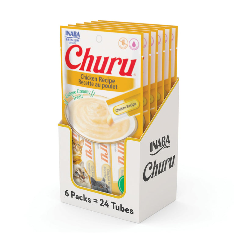 INABA Churu Cat Treats, Lickable, Squeezable Creamy Purée Cat Treat with Green Tea Extract & Taurine, 0.5 Ounces Each Tube, 24 Tubes (4 per Pack), Chicken Recipe