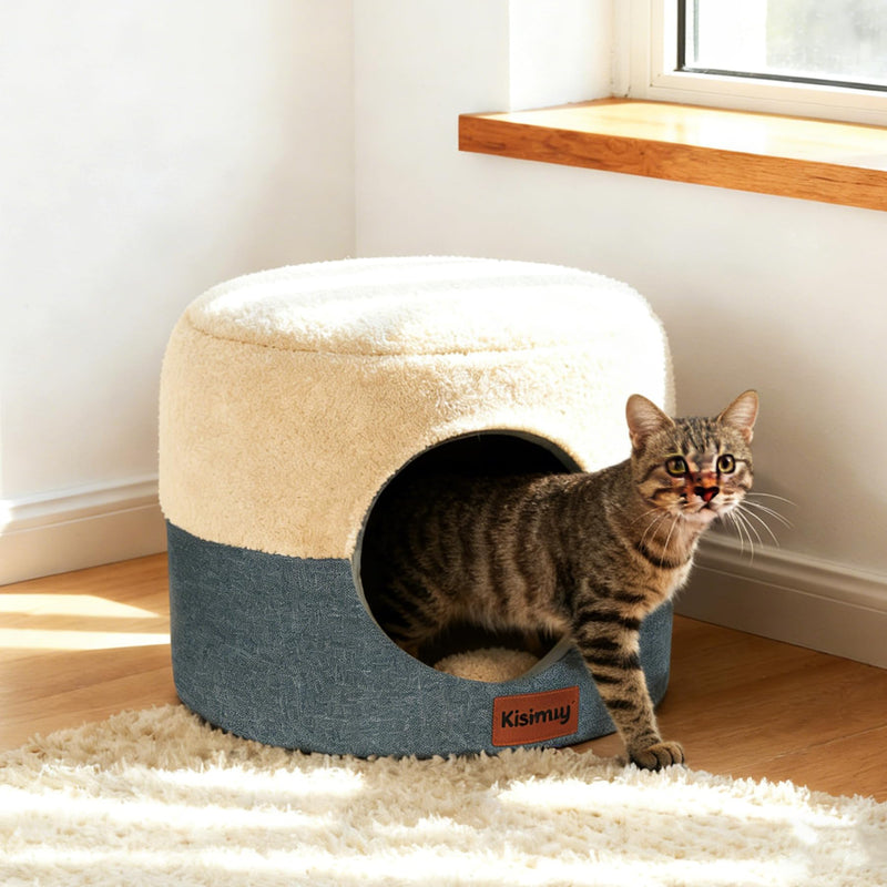 KISIMUY 2-in-1 Cat Cave Bed & Lounger with Reversible Plush Cushion, Cat Bed for Indoor Cats, Foldable Anti-Slip Cat House - Calming Cozy Hideaway for Kitten &Small Cats with Anxiety Relief, 15.7in