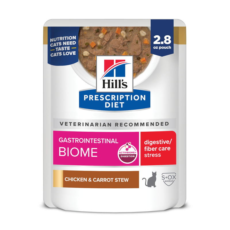 Hill's Prescription Diet Gastrointestinal Biome + Stress Digestive/Fiber Care Wet Cat Food, Chicken & Carrot Stew, 2.8 oz. Pouches, 24-Pack