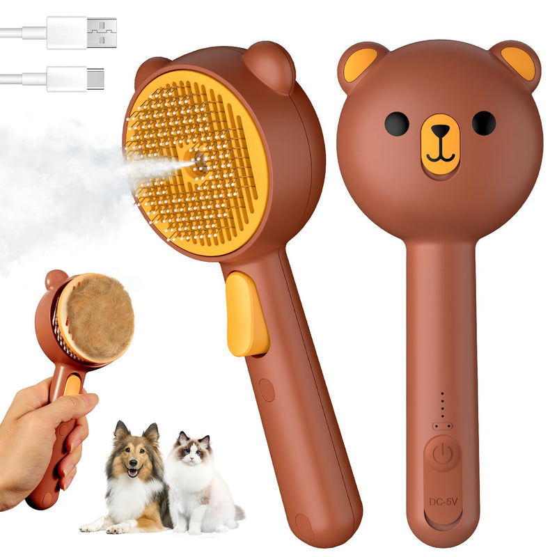 Pecait Cat Steam Brush, Self Cleaning Pet Spray Hair Removal Comb with Release Button, 3 in 1 Cat Brush for Indoor Cats, Waterproof Pet Grooming Brushes for Long Short Haired Dogs Cats(Brown)