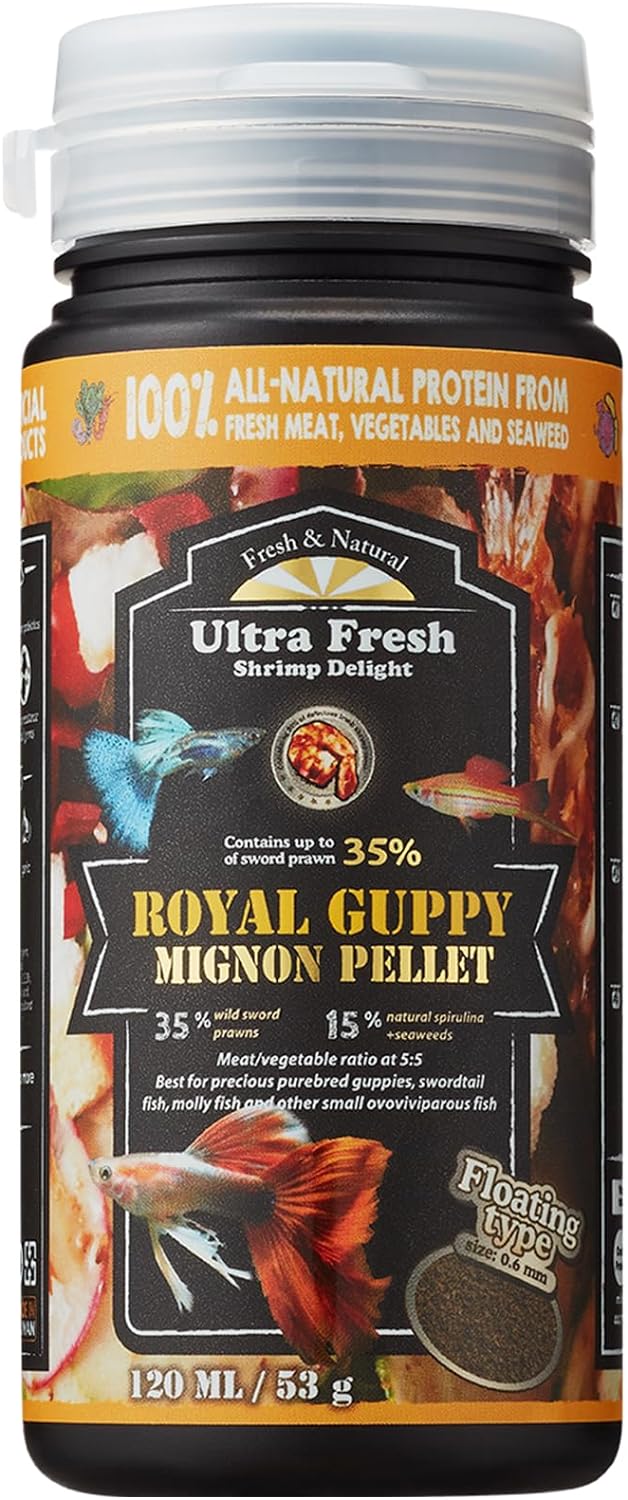 Ultra Fresh Royal Guppy Mignon Pellet, All Natural Guppy Food, Sword Prawns, Spirulina, Highly Nutritious, for Cleaner W