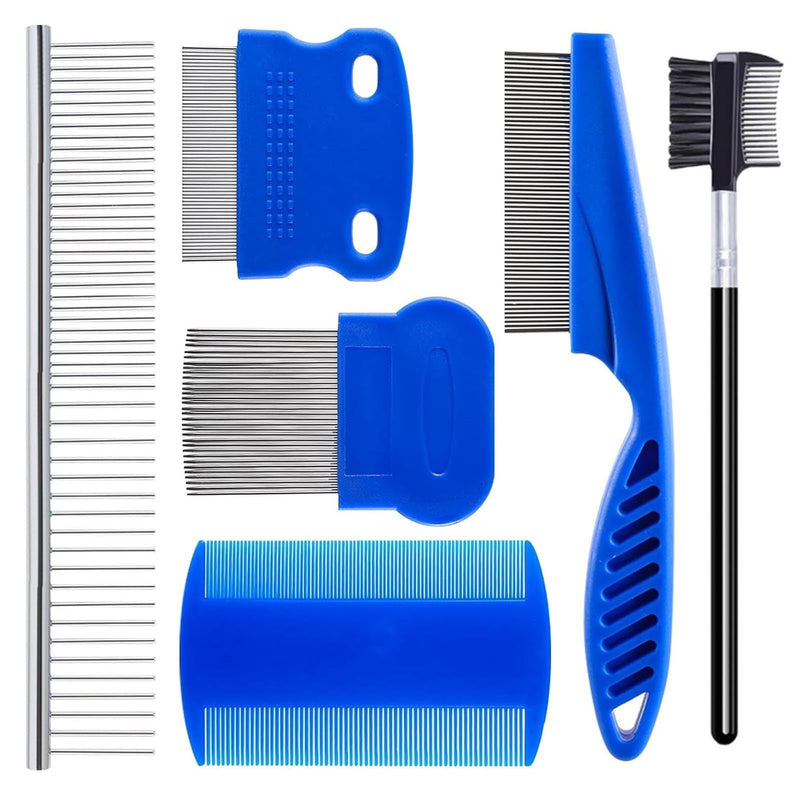 6 Pack Flea Comb for Dogs and Cats, Stainless Steel Pet Grooming Comb Set, Lice Comb, Double-Sided Tear Stain Remover, Dematting and Fine Tooth Combs for Small, Medium and Large Pets
