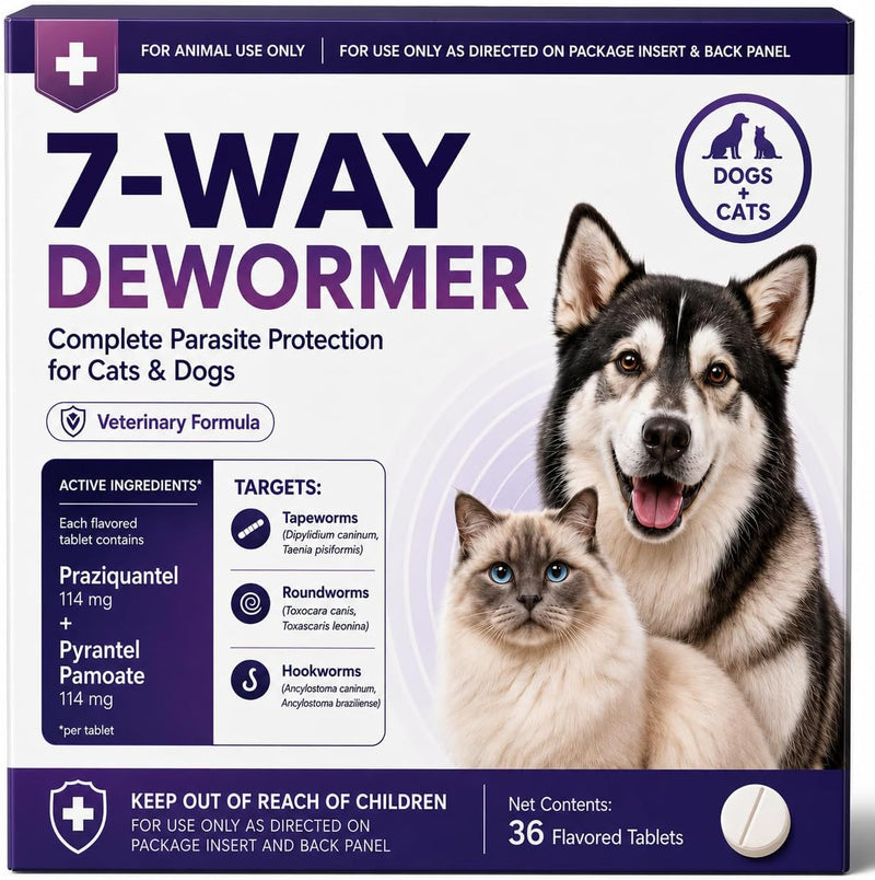 7 Way Dewormer for Dogs and Cats, Praziquantel & Pyrantel Pamoate Tablets