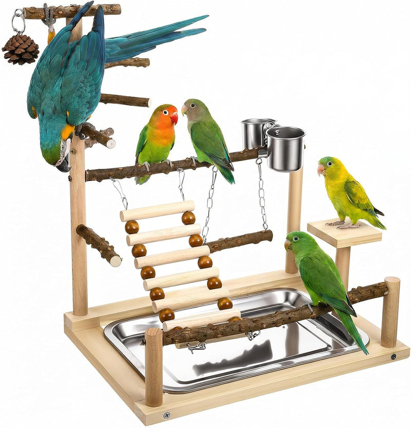 Bird Playground, Natural Wooden Parrot Playstand, Parakeet Playground with Stainless Steel Feeding Cups, Swing, Removabl