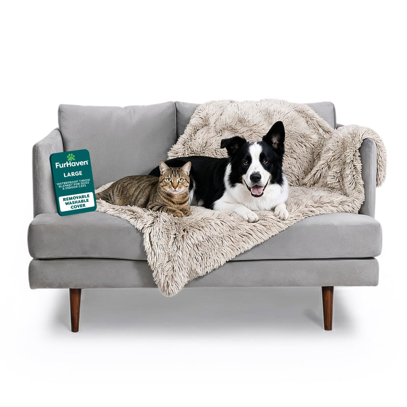 FurHaven Waterproof Throw Blanket for Dogs & Indoor Cats, Reversible Protective Pet Blanket, Large, Long Faux Fur & Velvet, Driftwood