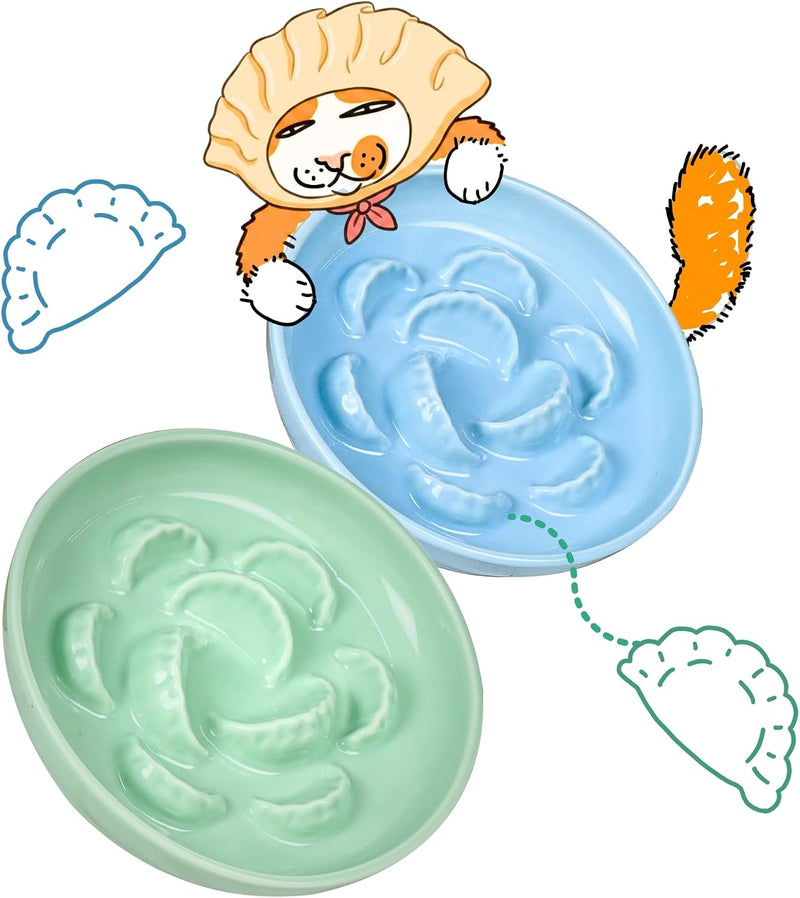 2 Pcs Ceramic Cat Slow Feeder Bowl Set, Dumpling Shape Cat Food Plates, 6.2