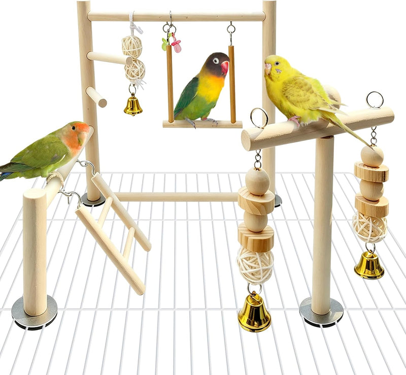 Hamiledyi Natural Wood Bird Play Gym for Small Birds, Parakeet Cockatiel Playstand with Perch, Ladder & Swing Toys for Cage Top(Style B)