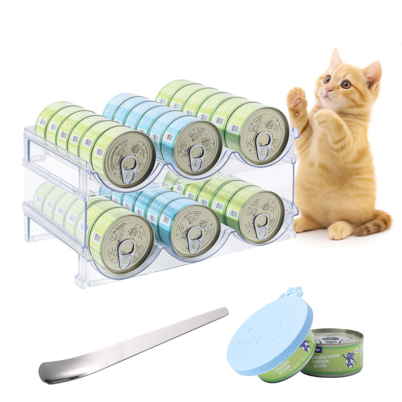 Cat Can Storage Organizer for Pantry, High Clear Acrylic Dog Canned Food Storage Rack 2 Tier Stackable Shelf for Pet Cans Dispenser with Can Cover Lid and Spoon