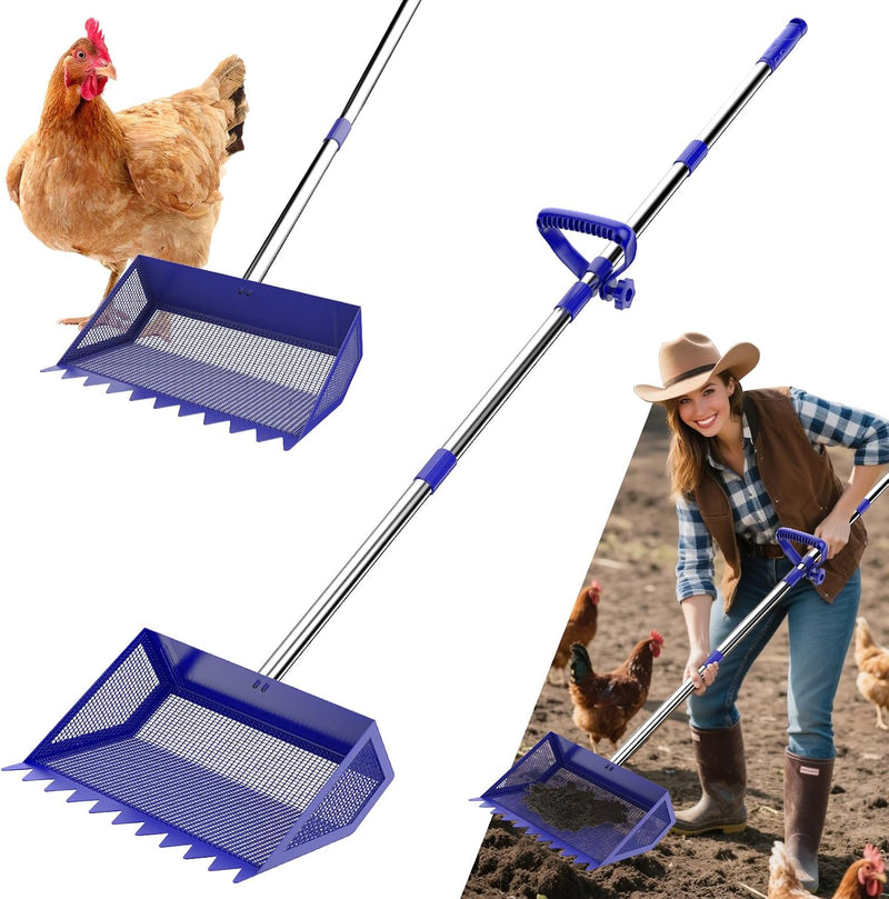 Chicken Poop Scooper Rake 2-in-1,304 Stainless Steel Shovel Head, Chicken Litter Scoop with Handle for Chicken Coop for