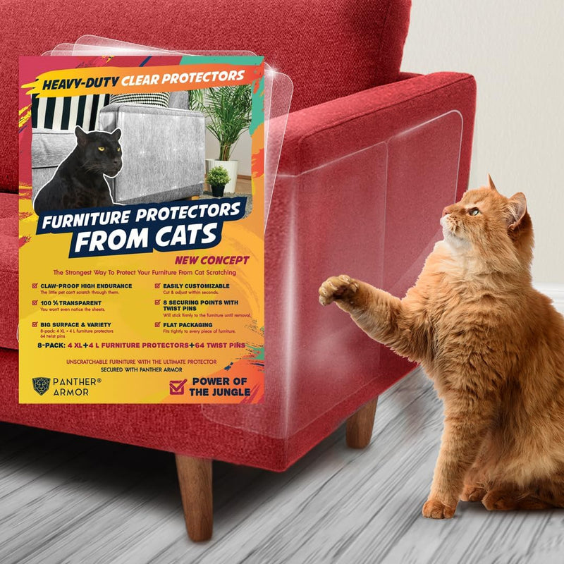 Panther Armor Furniture Protector, 8-Pack, Heavy Duty Anti-Scratch Cat Couch Protector, Transparent